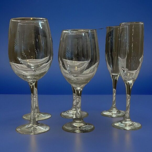 Set 6 Glasses Vintage 90s Wine Water Glass‎ Champagne Flutes Stemware Service 2 - Picture 1 of 2